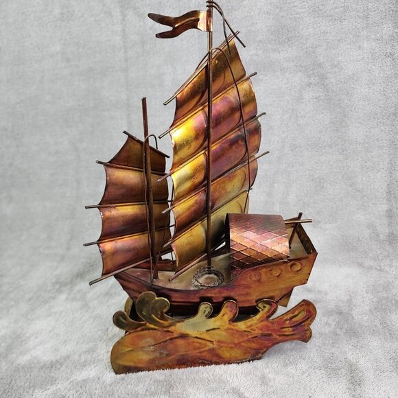 Vintage Copper Art Musical Kinetic Sailing Ship Plays Beyond the Reef Music - Picture 8 of 16